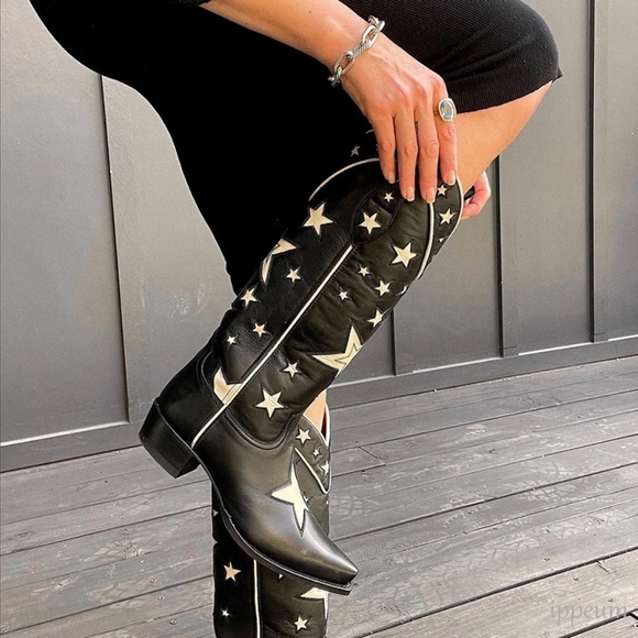 Cowboy Boots Mid Calf Black Embroidery Western - Picture 2 of 5